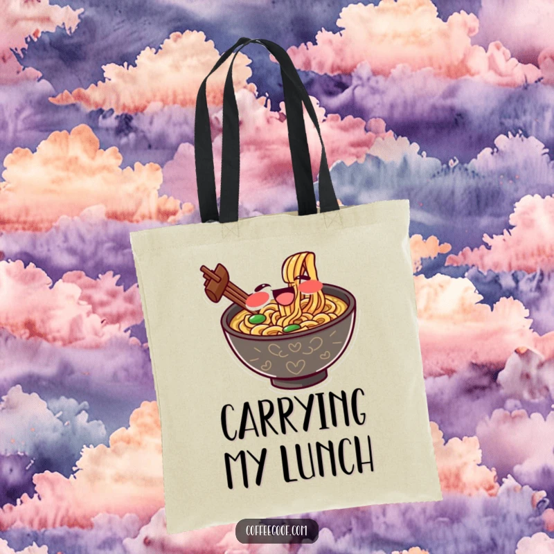 Funny tote bag with a gleeful ramen bowl character slurping noodles with exaggerated delight, a humorous accessory for food lovers.