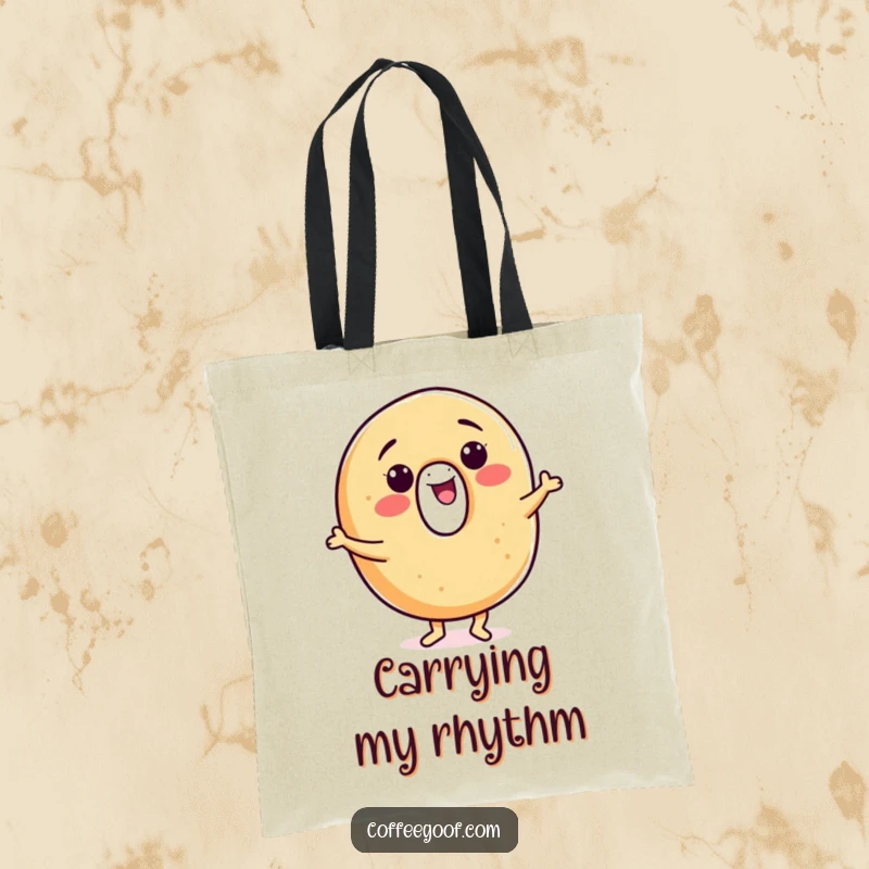 Funny bagel tote bag, a smiling character doing a happy dance, great for shopping or carrying daily items with flair.