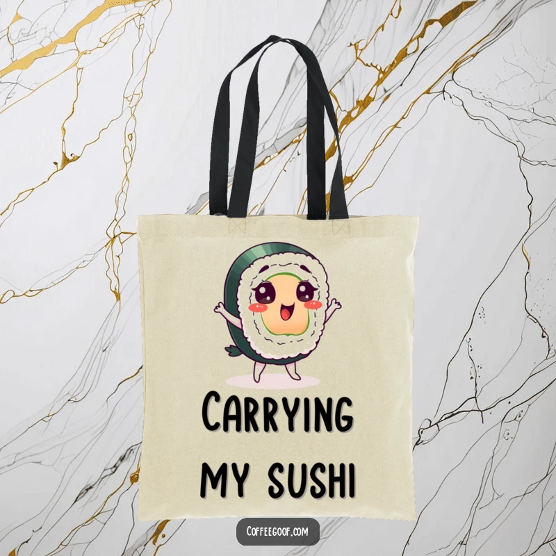 Funny sushi tote bag, a delighted character doing a happy dance, ideal for carrying groceries or daily items with flair.