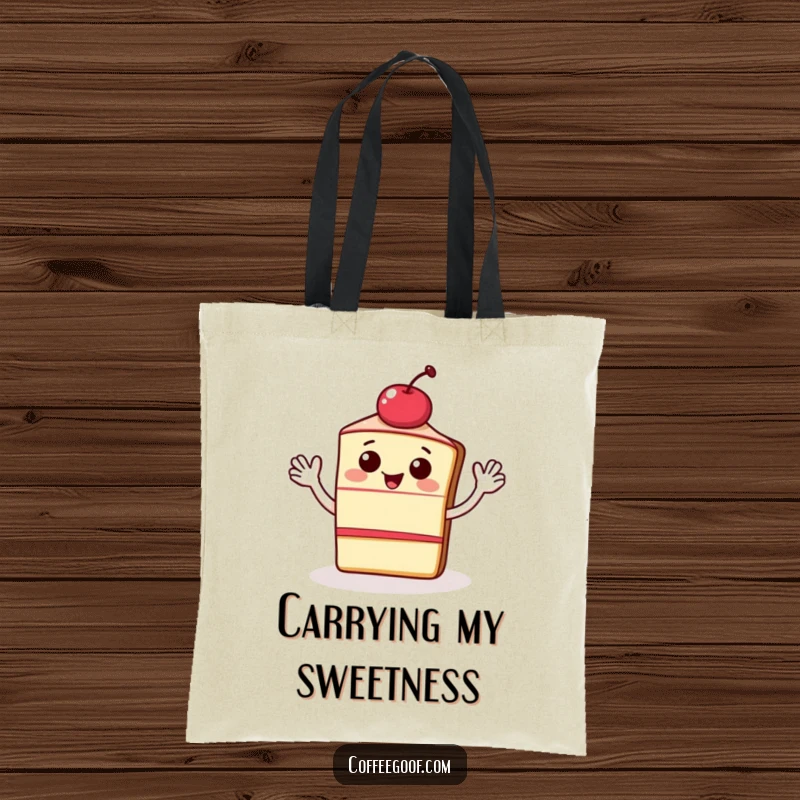 Funny tote bag design of a happy slice of cake with a cherry, waving energetically. A humorous and practical accessory for carrying goods.