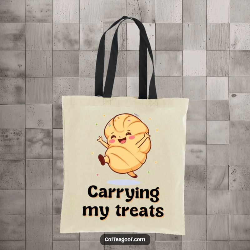 Funny croissant tote bag decorated with a grinning pastry doing an enthusiastic cartwheel with colorful sprinkles.