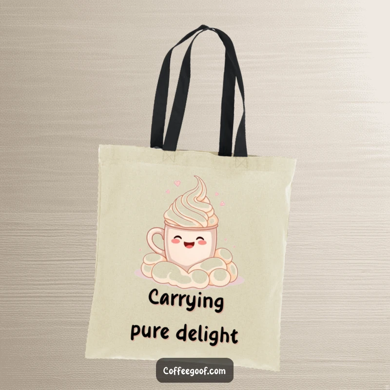 Funny Tote Bag: Features a smiling cocoa mug cannonballing into whipped cream, a humorous and practical accessory for everyday use.