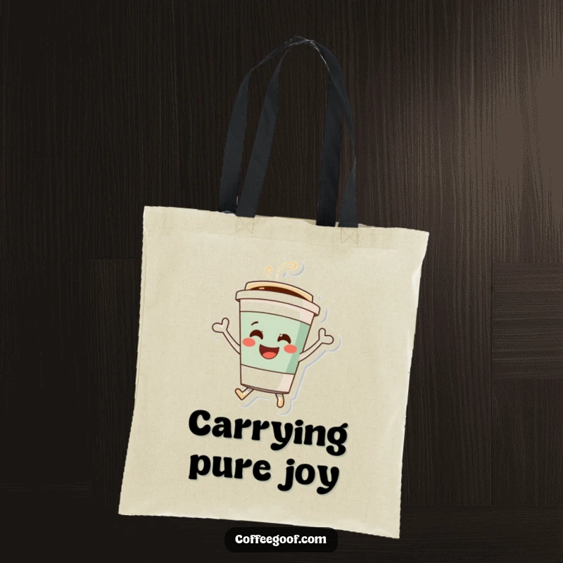 Funny coffee cup tote bag, a happy character bouncing with excitement, perfect for carrying groceries or daily items with style.