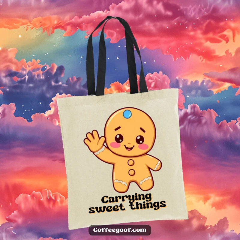 Funny gingerbread tote bag featuring a cheerful cookie giving a friendly wave, perfect for carrying essentials with festive flair.
