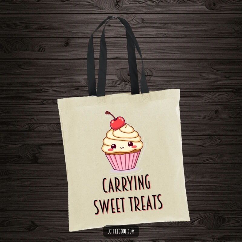 Funny Tote Bag: A cupcake character balances a cherry on its head, showcasing playful sweetness and charming delight.
