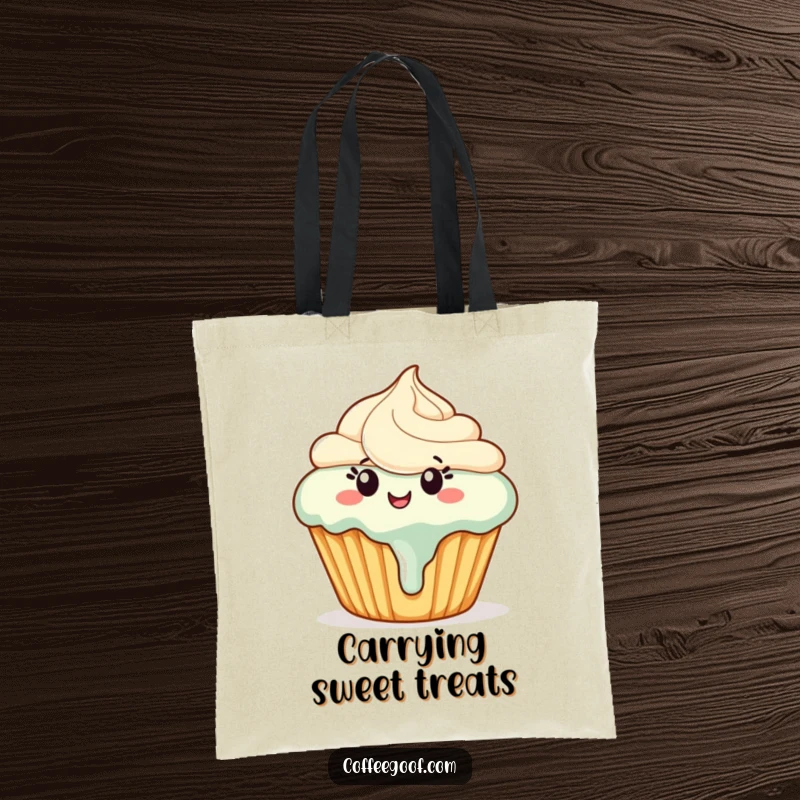 Funny cupcake tote bag with a happy cupcake and melting frosting dancing, perfect for carrying essentials with sweet humor.