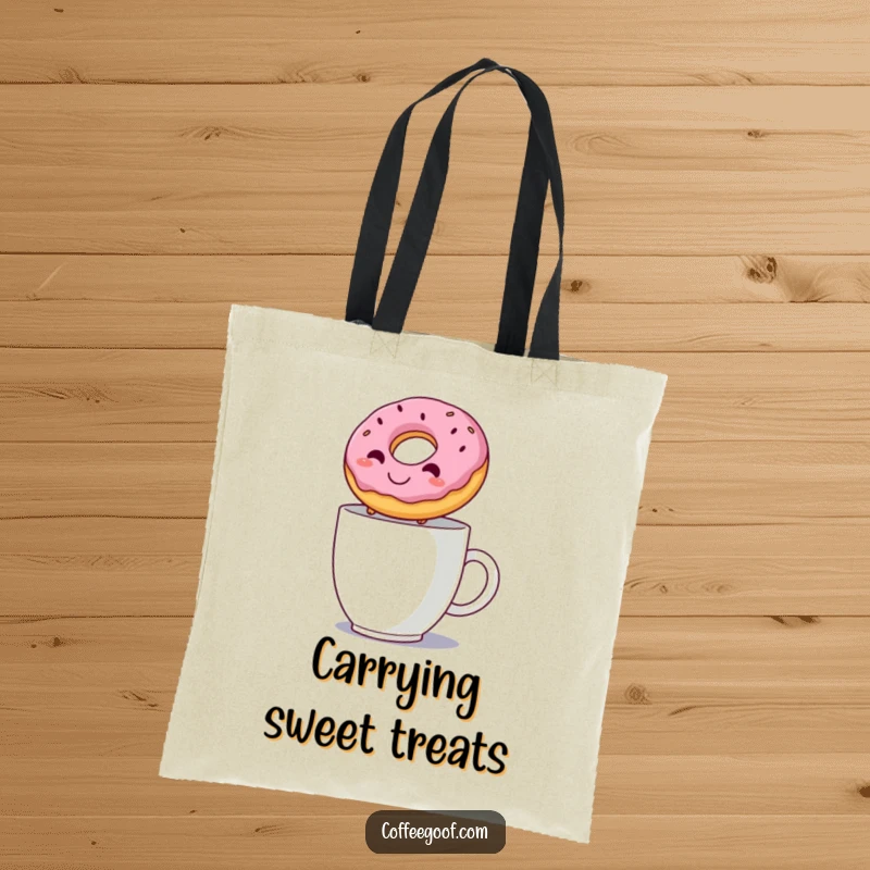Funny tote bag showing a happy donut mid-leap over a steaming mug, a sweet and humorous accessory for everyday use.