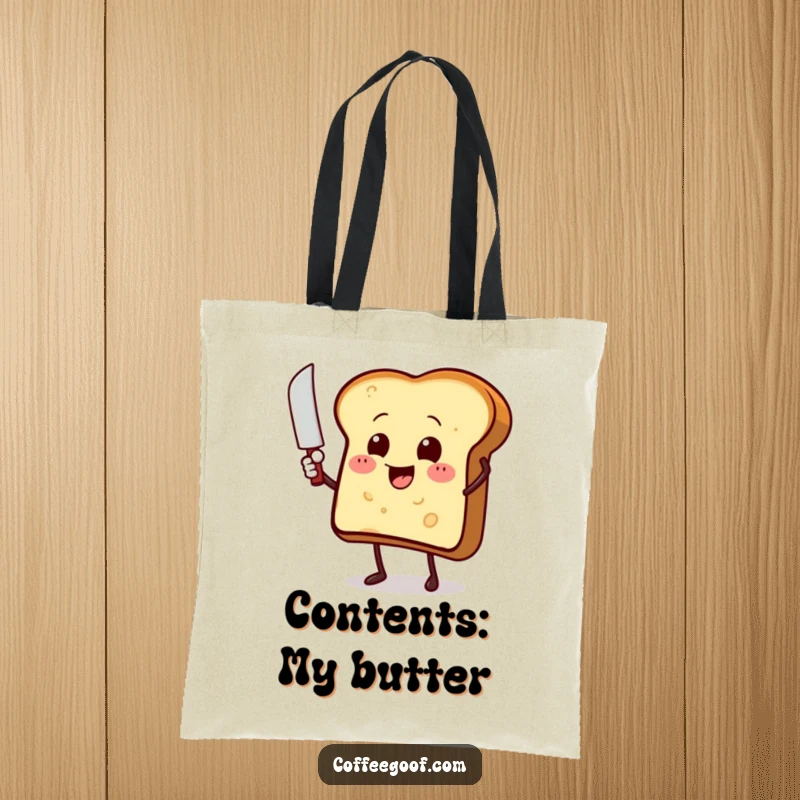 Funny toast character with a butter knife, waving enthusiastically on a durable tote bag, a humorous breakfast accessory