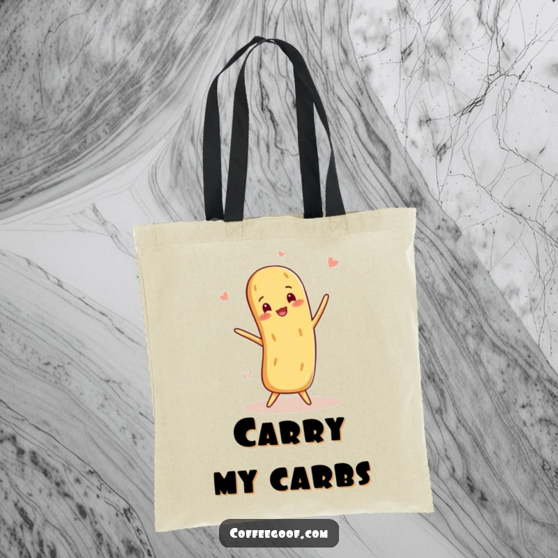 Funny Baguette Tote Bag featuring a smiling anthropomorphic baguette in a playful balancing act, ideal for stylish carrying.