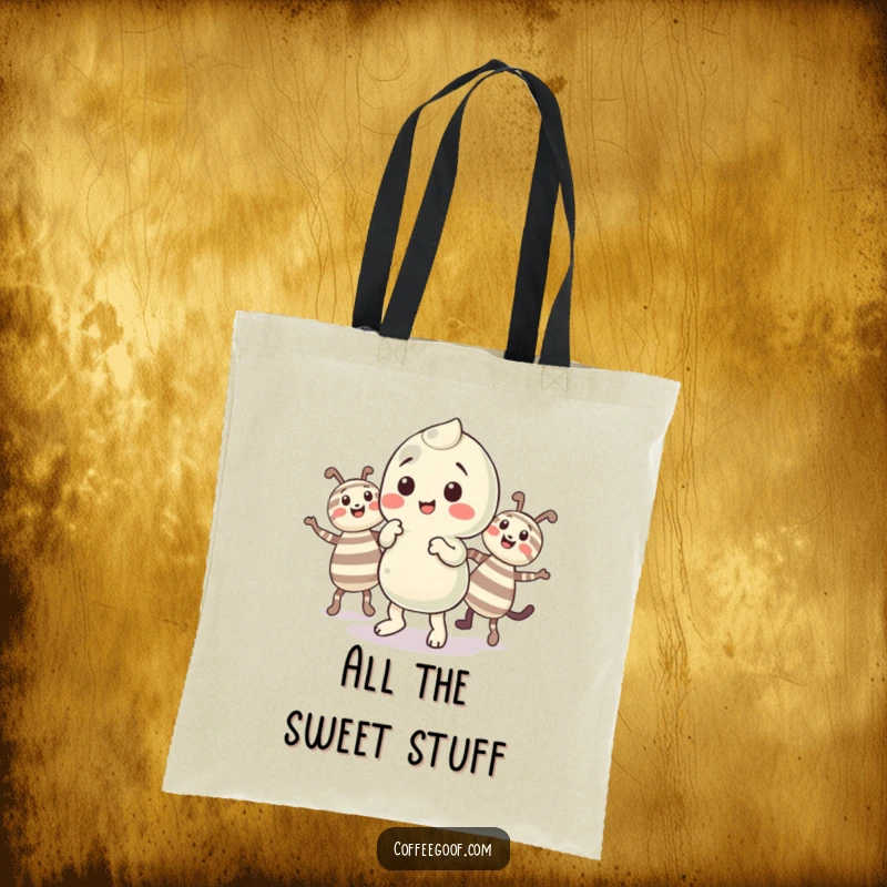Funny Candy Tote Bag depicting a playful candy character dancing a jig with its cheerful striped companions.