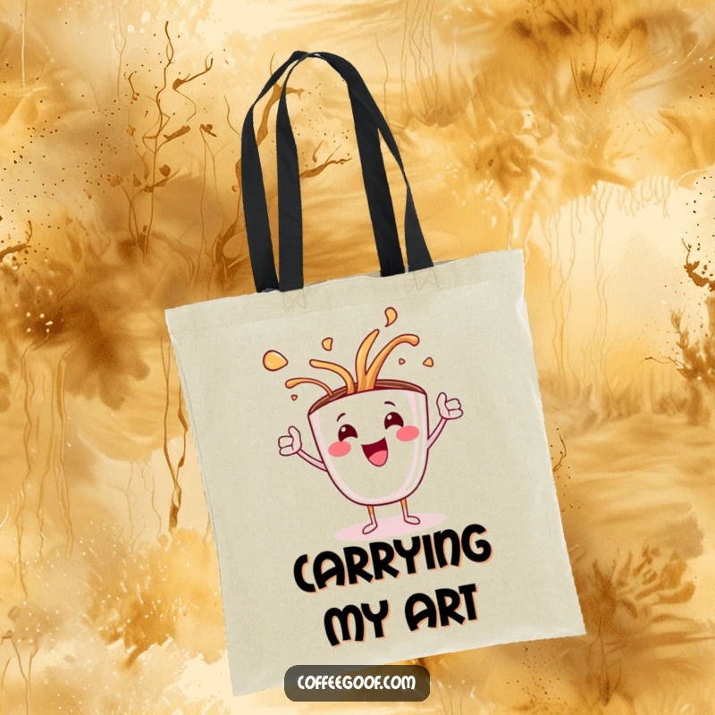 Funny tote bag showing a jubilant coffee cup character in a dynamic spill of steaming latte art, perfect for daily use.