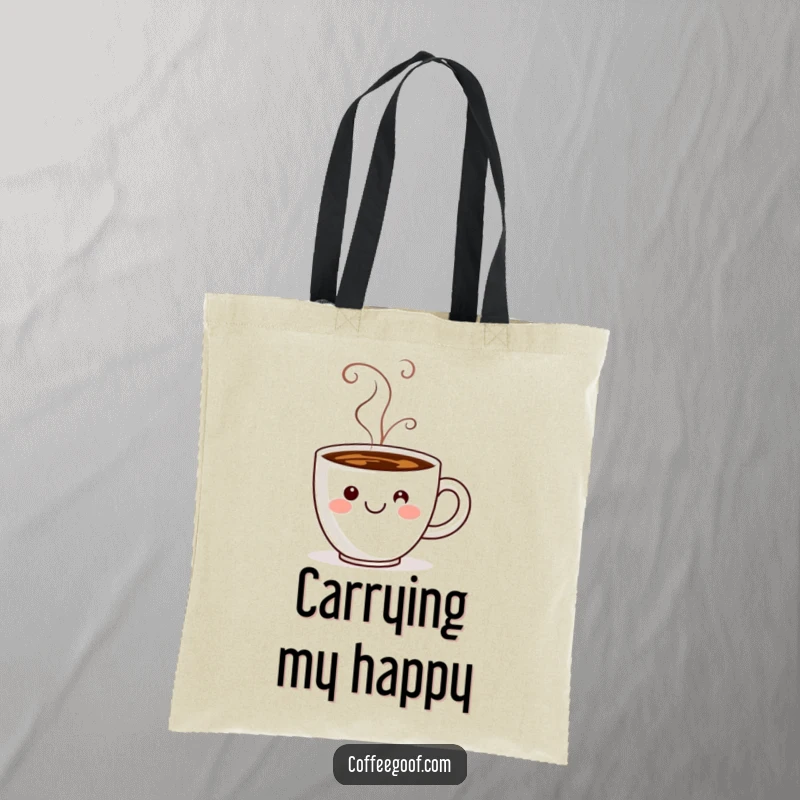 Funny coffee cup illustration with steam forming a smiley face, on a stylish tote bag for daily use.