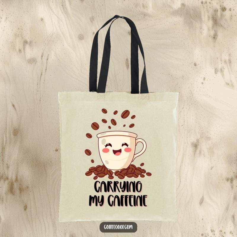 Funny coffee tote bag with a smiling cup juggling animated coffee beans, perfect for carrying daily items and coffee gear.