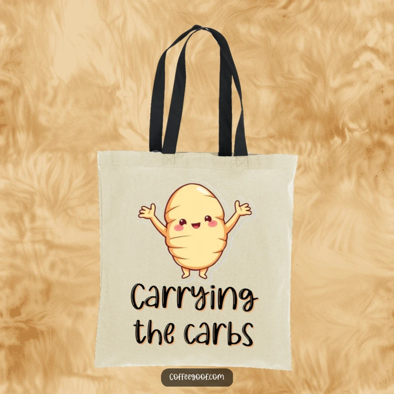 Funny croissant tote bag with a jolly pastry posing proudly, arms akimbo, a stylish and humorous accessory for daily errands.