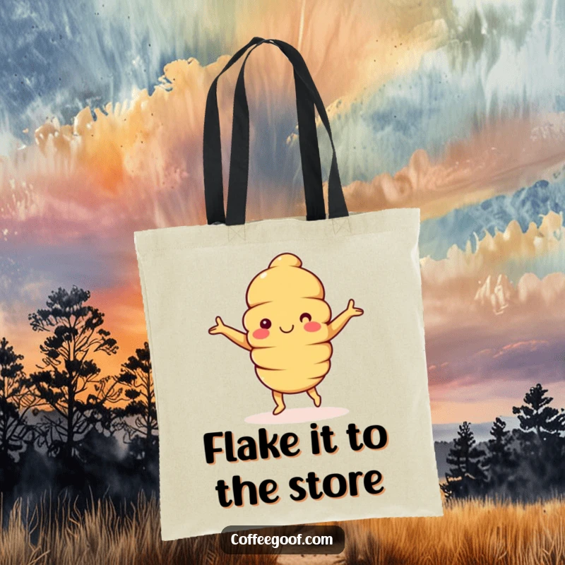 Funny Croissant Tote Bag: A happy croissant character with arms outstretched, dancing delightfully, perfect for shopping or daily use.