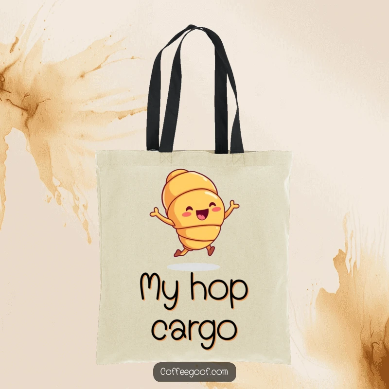 Funny Tote Bag with a joyful hopping croissant, perfect for carrying items with a chic and humorous baked goods theme as a funny gift.
