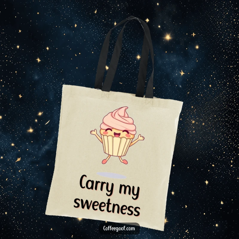 Funny Cupcake Tote Bag with a delighted anthropomorphic cupcake performing a bubbly jump, perfect for carrying essentials.