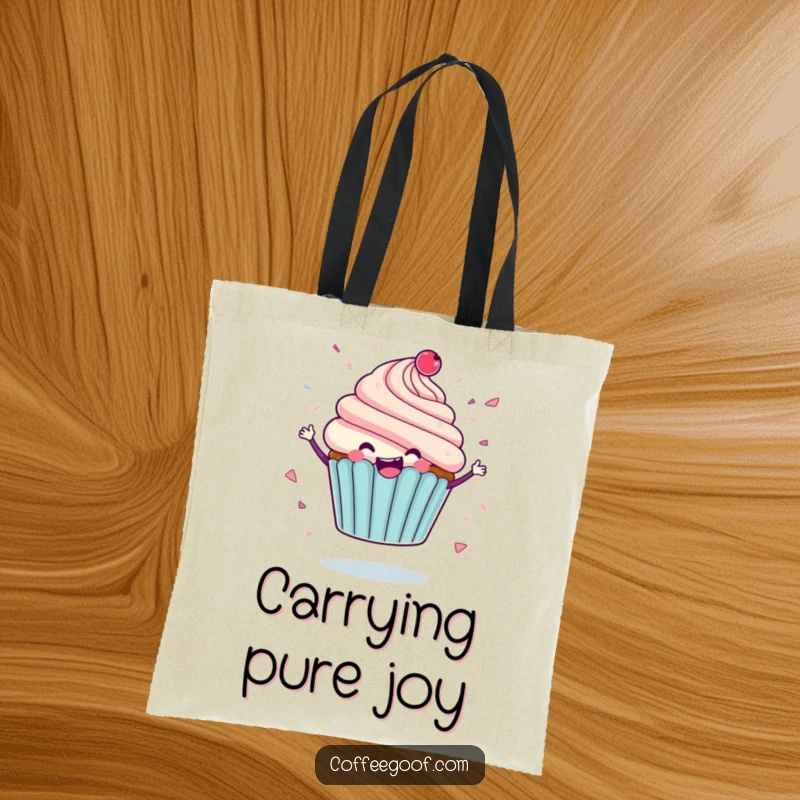 Funny tote bag featuring a delighted cupcake character spinning, icing flying like confetti, a practical and humorous accessory for stylish fun.
