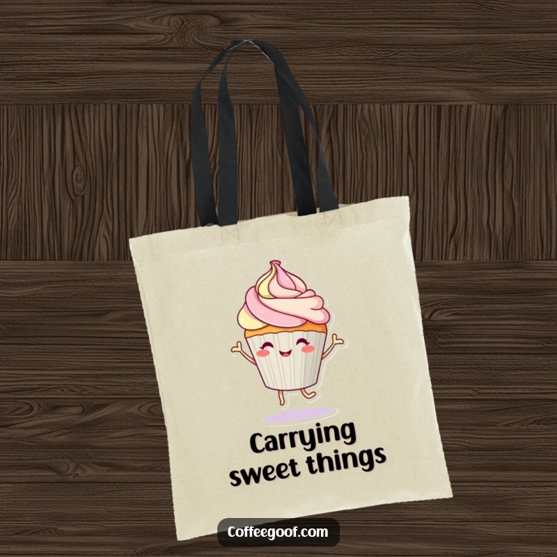 Funny dancing cupcake with a frosting swirl on a durable tote bag, a humorous and sweet accessory for everyday use.