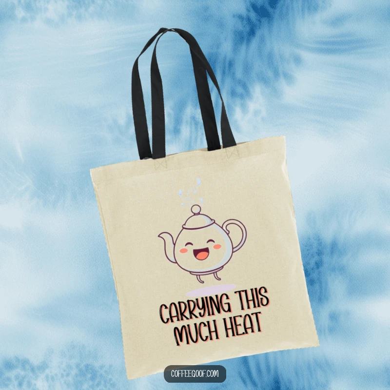 Funny Tote Bag: Features an anthropomorphic teapot dancing energetically and spouting steam, a humorous and practical accessory for everyday use.