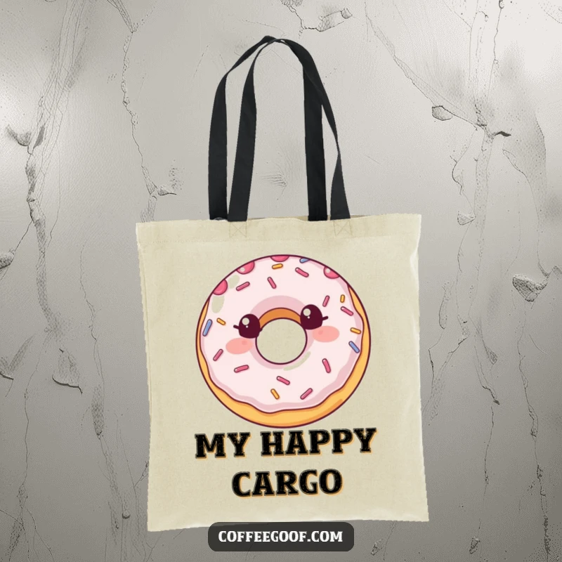 Funny Tote Bag depicting a happy donut with lively sprinkles, perfect for carrying essentials with a side of sweet humor as a funny gift.
