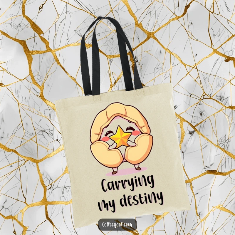 Funny tote bag with a grinning fortune cookie cracking open to reveal a golden star, a humorous and lucky companion.