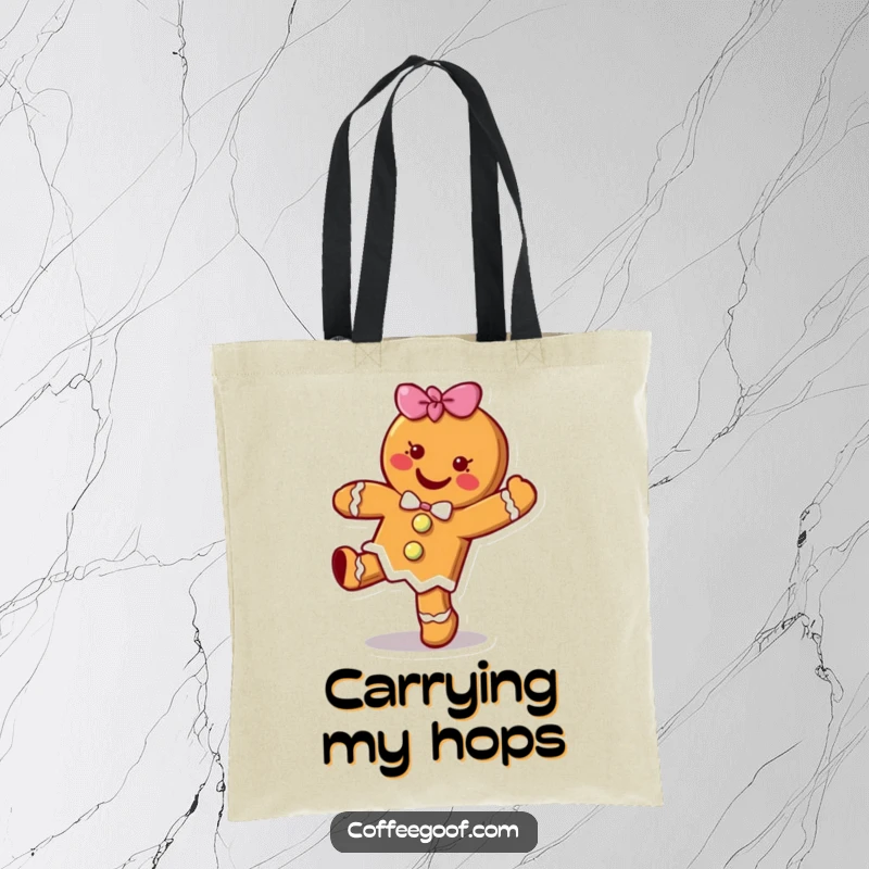 Funny cheerful gingerbread cookie character doing a happy little hop on a durable tote bag, a festive and functional cartoon accessory