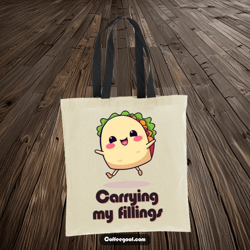 Funny tote bag illustration of a happy taco with legs dancing a jig, embodying the spirit of a Mexican fiesta and culinary delight.