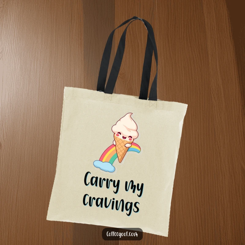 Funny Ice Cream Tote Bag with a smiling anthropomorphic ice cream cone sliding down a vibrant rainbow, perfect for carrying essentials.
