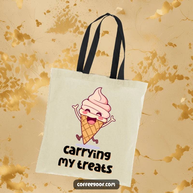 Funny ice cream tote bag featuring an excited cone doing a happy bounce, perfect for carrying essentials with sweet style.