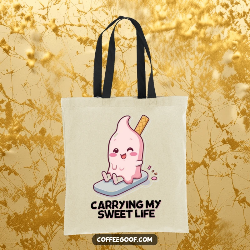 Funny melting ice cream character in a slow, happy slide on a tote bag, ideal for carrying groceries with humor.