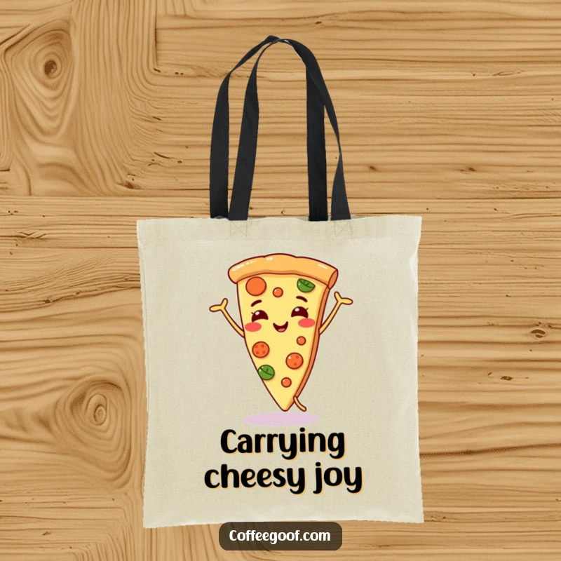 Funny smiling pizza slice tote bag, dancing joyfully, perfect for carrying essentials with a humorous and delicious touch.