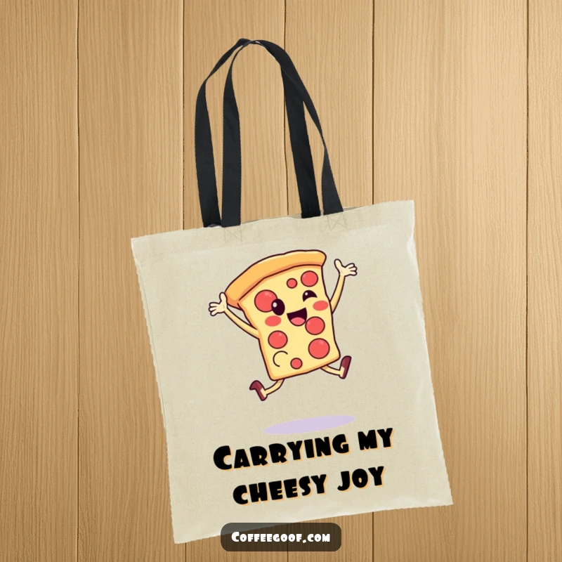 Funny Tote Bag: Features a happy, leaping pizza slice, a humorous and practical accessory for carrying your daily goods.