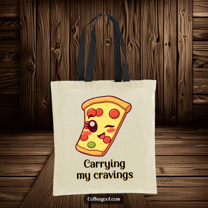 Funny pizza tote bag with a slice winking with its pepperoni eye, perfect for carrying essentials with a touch of food humor.