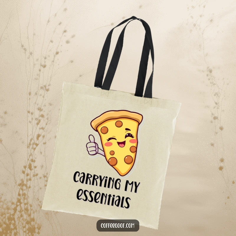 Funny pizza tote bag featuring a winking slice giving a thumbs-up, making it a fun and functional accessory for food lovers.