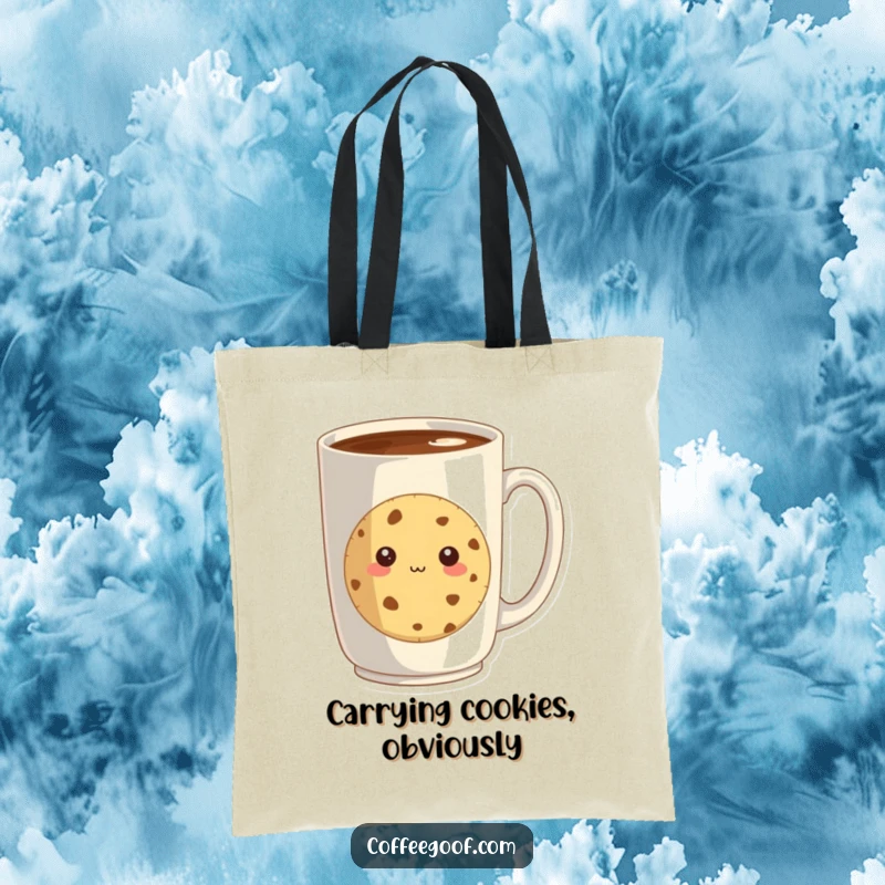 Funny tote bag featuring a shy cookie peeking from behind a large coffee mug, a sweet and functional accessory for daily use.