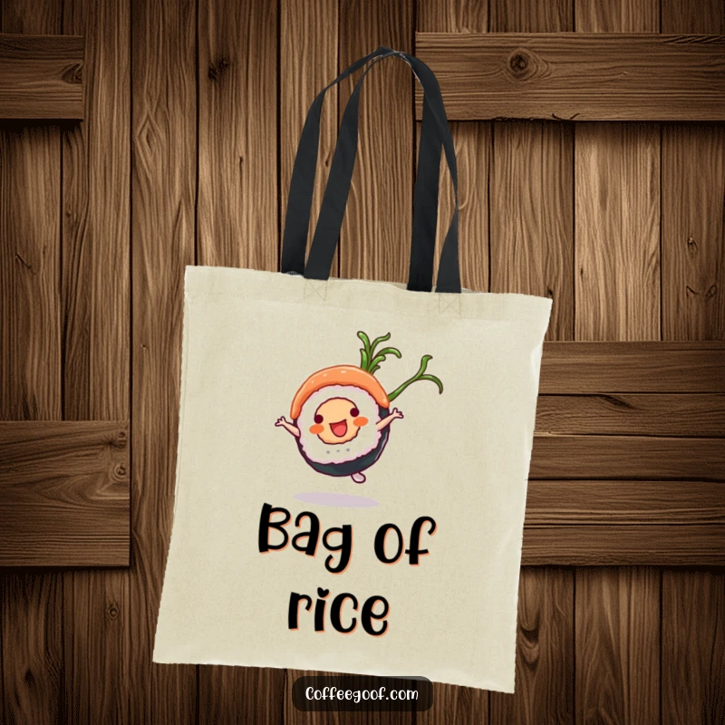 Funny Sushi Tote Bag: A happy sushi roll character mid-cartwheel, showcasing a playful seaweed flourish, perfect for foodies.