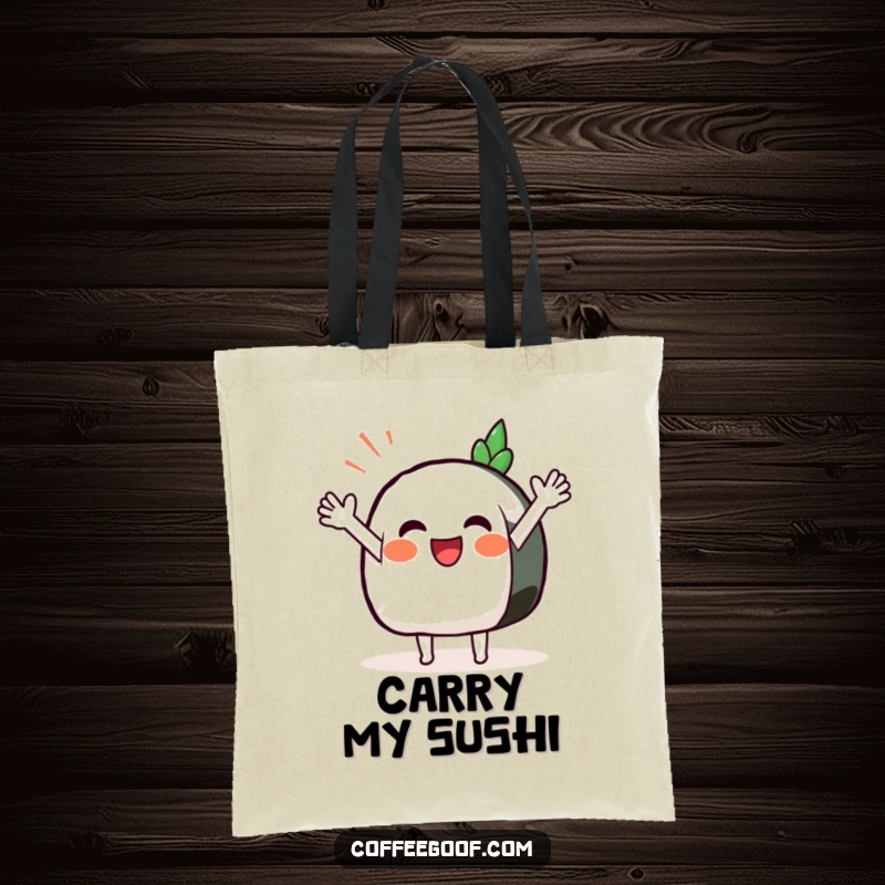 Funny Sushi Tote Bag with a smiling anthropomorphic sushi piece performing a happy wave, perfect for carrying essentials.