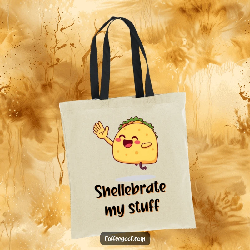 Funny tote bag illustrating a taco with legs excitedly performing a high-five, a vibrant and humorous accessory for market trips.