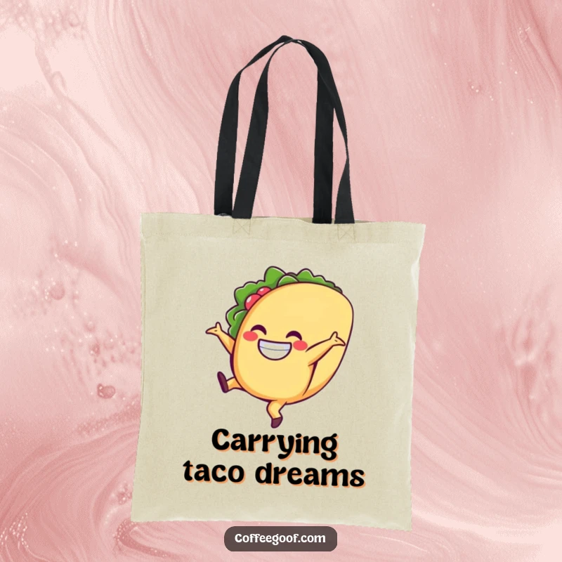 Funny taco tote bag, a smiling character doing a cartwheel, ideal for carrying groceries or daily items with a festive flair.