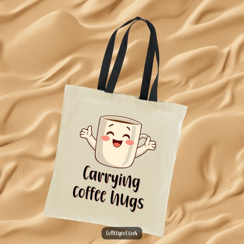 Funny tote bag illustration of a smiling coffee mug with its arms stretched out, ready to give a warm hug. Great for groceries or daily essentials.