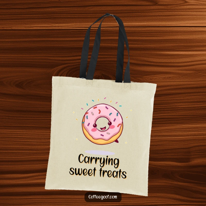 Funny tote bag design of a smiling donut with sprinkles flying, performing a cartwheel. A humorous and practical accessory for carrying goods.