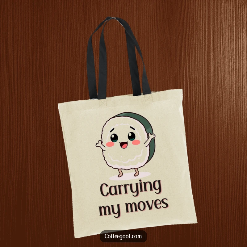 Funny tote bag design of a cheerful sushi piece performing a lively jig dance. A stylish and humorous accessory for carrying daily items.