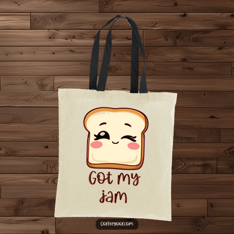 Funny tote bag showcasing a slice of toast with playful winking eyes, a cheerful and practical accessory for daily use.