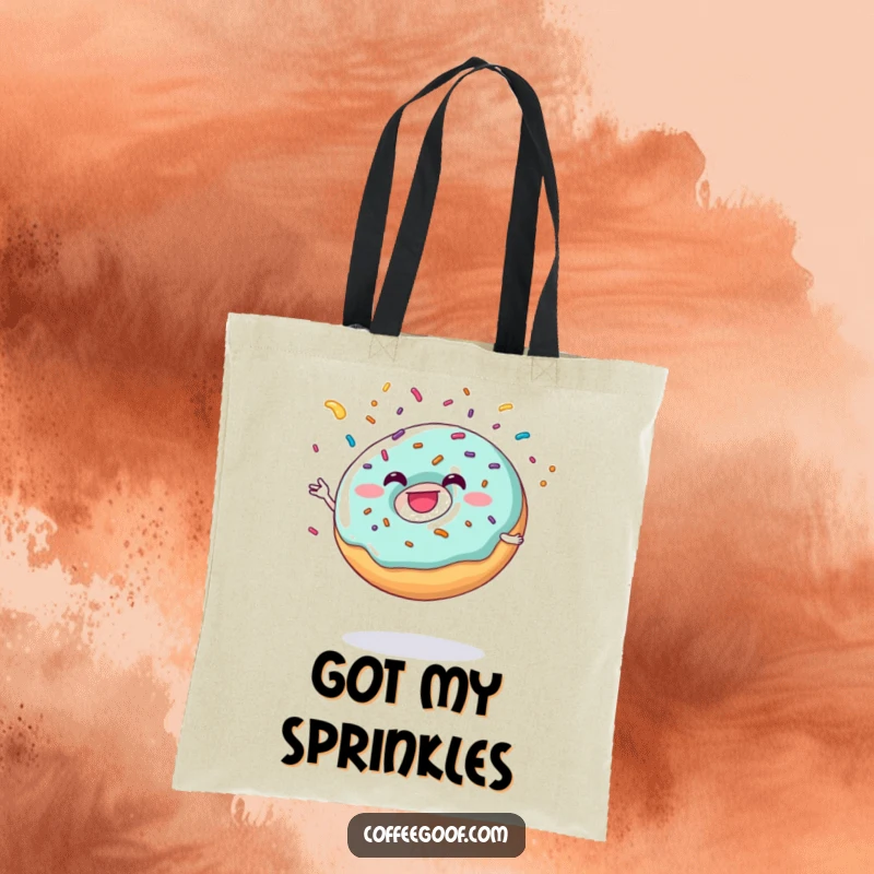 Funny donut character juggling sprinkles, depicted on a durable tote bag for stylish, cheerful carrying.