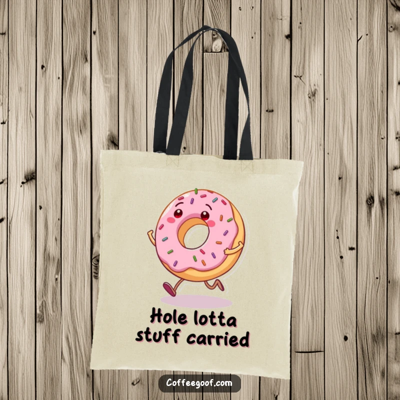 Funny Donut Tote Bag: A grinning donut character with sprinkles bouncing as it hops, perfect for shopping or daily use.