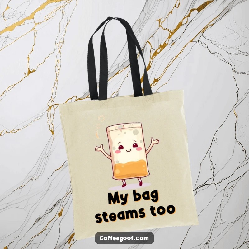 Funny Teabag Tote Bag with a lively anthropomorphic teabag dancing energetically, steam swirling playfully, great for shopping.