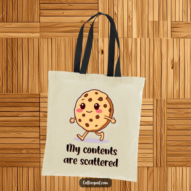 Funny Tote Bag: Features a sentient cookie character doing a silly walk and crumbling slightly, a humorous and practical accessory.