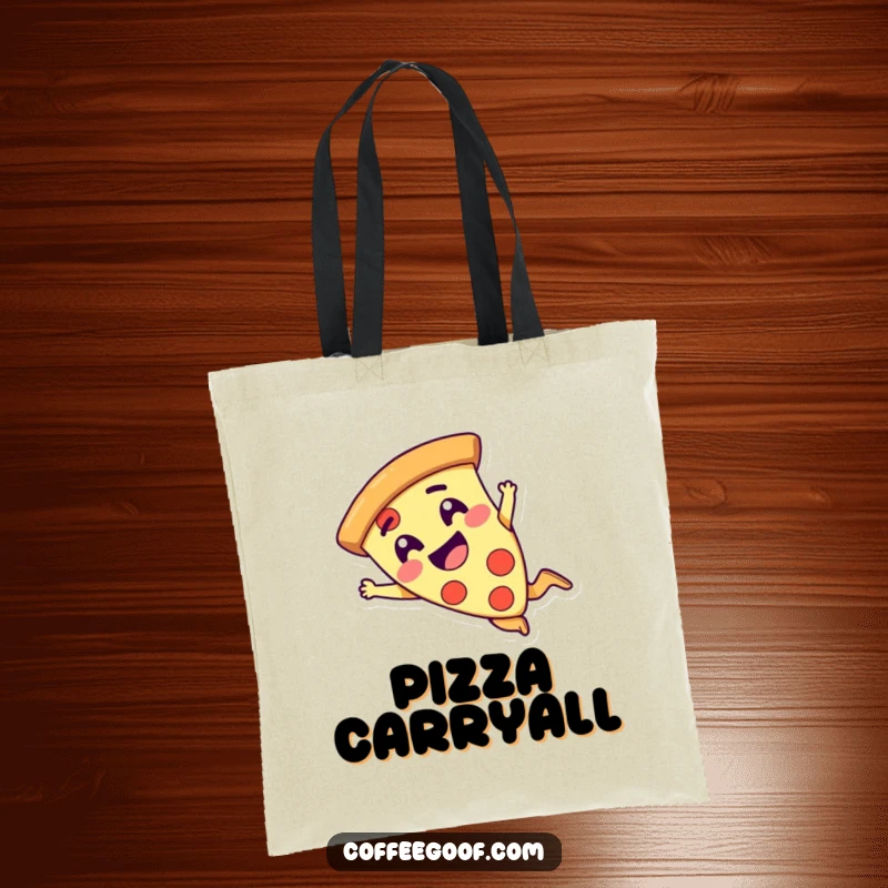 Funny giggling pizza slice character doing a comical dive on a durable tote bag, a humorous and practical accessory.
