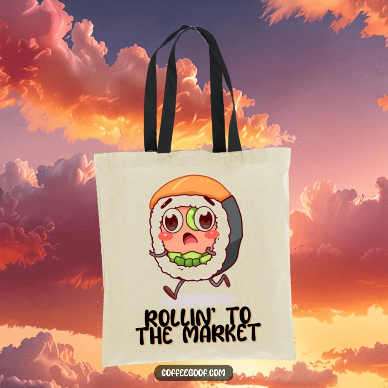 Funny Sushi Tote Bag: A surprised sushi roll character with wide eyes and stubby legs, perfect for carrying items with comedic flair.